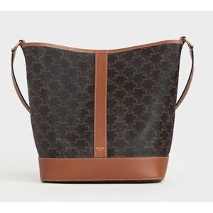 Pre-owned Celine Triomphe Canvas Calfskin Medium Bucket Bag Tan